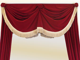 Elegant red velvet theater curtain with gold fringe