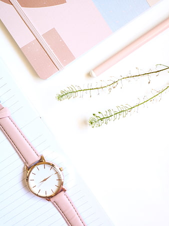 Minimalist Pink Flat Lay With Watch, Journal, Pen, And Dried Flowers