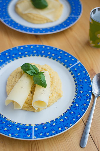 Italian polenta with cheese rolls and fresh basil on blue plate