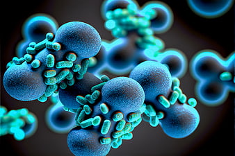 3D Render of Blue Bacteria and Microbes on Dark Background