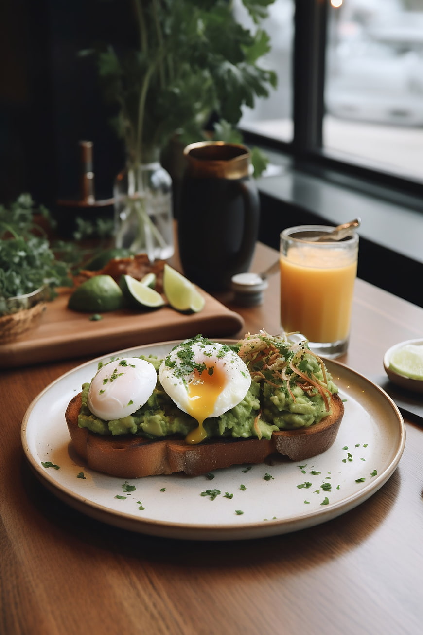 Avocado Toast with Poached Eggs and Orange Juice