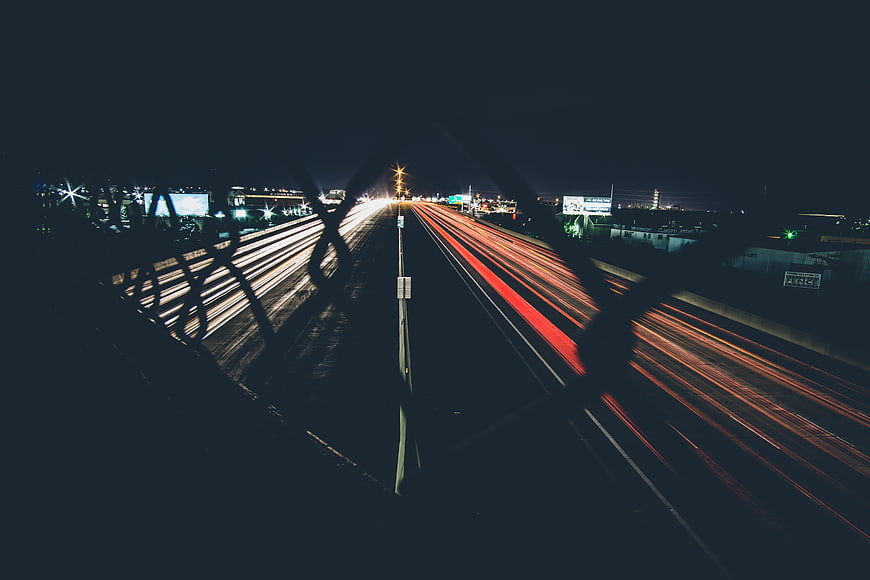 Long exposure highway traffic light trails at night
