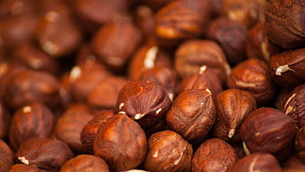 Close-up of roasted hazelnuts with shallow depth of field