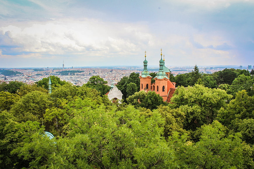 Baroque Church in Prague's Green Hills with City View