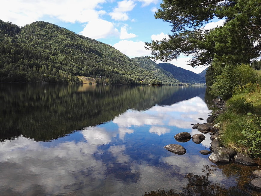 Serene Norwegian Lake with Mountain Reflections and Pine Trees
