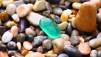 Green sea glass resting on multicolored wet pebbles