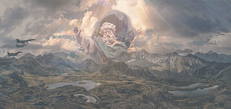 Digital Art of God Over Mountains With Combat Aircraft