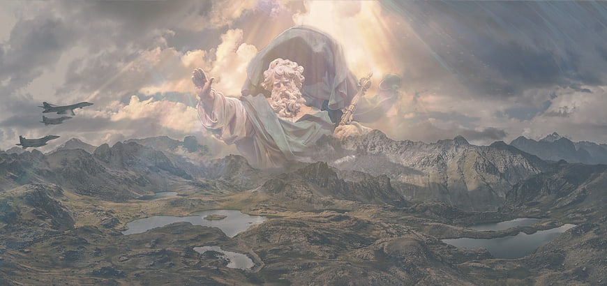 Digital Art of God Over Mountains With Combat Aircraft
