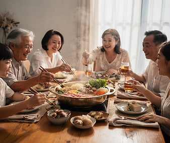Multi-generational Asian Family Enjoying Hot Pot Dinner