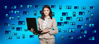 Businesswoman holding laptop against digital network background