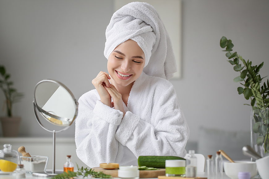 Happy woman with towel on head doing skincare routine