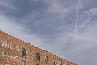Low angle view of brick building with faded ghost sign and pigeons