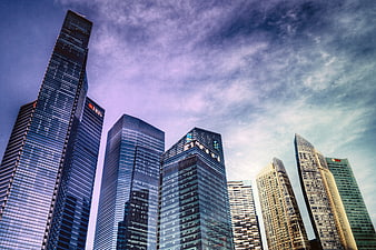 Low angle view of modern skyscrapers in Singapore financial district