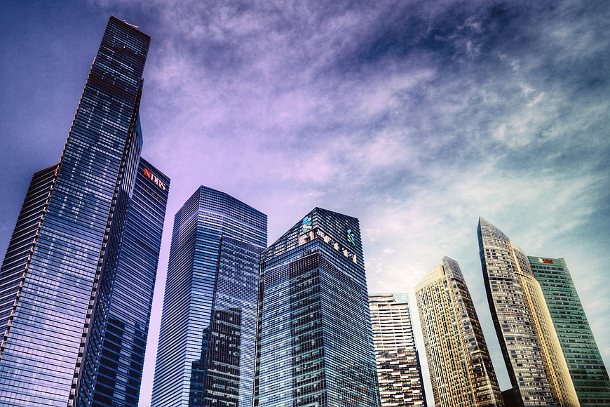 Low angle view of modern skyscrapers in Singapore financial district