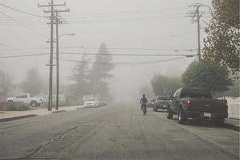 Cyclist riding down foggy suburban street with parked trucks