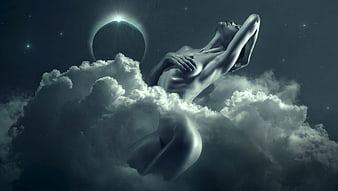 Surreal Fantasy Woman Floating in Clouds Under Celestial Eclipse