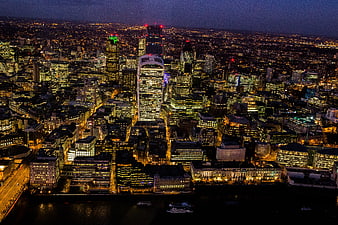 Aerial Night View of London City Skyline and River Thames