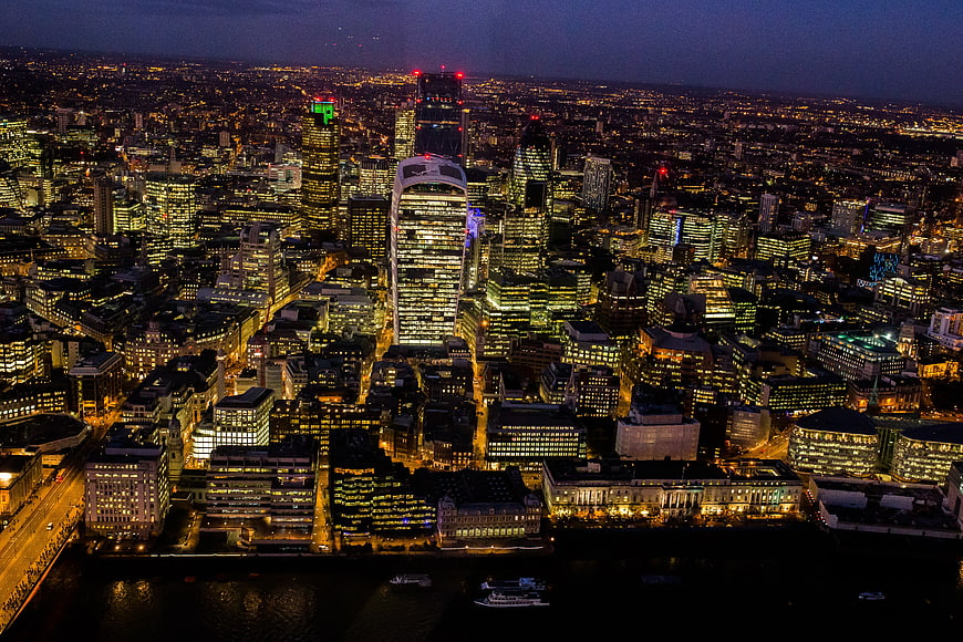 Aerial Night View of London City Skyline and River Thames