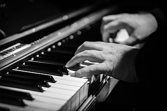Close-up of hands playing piano keys in black and white