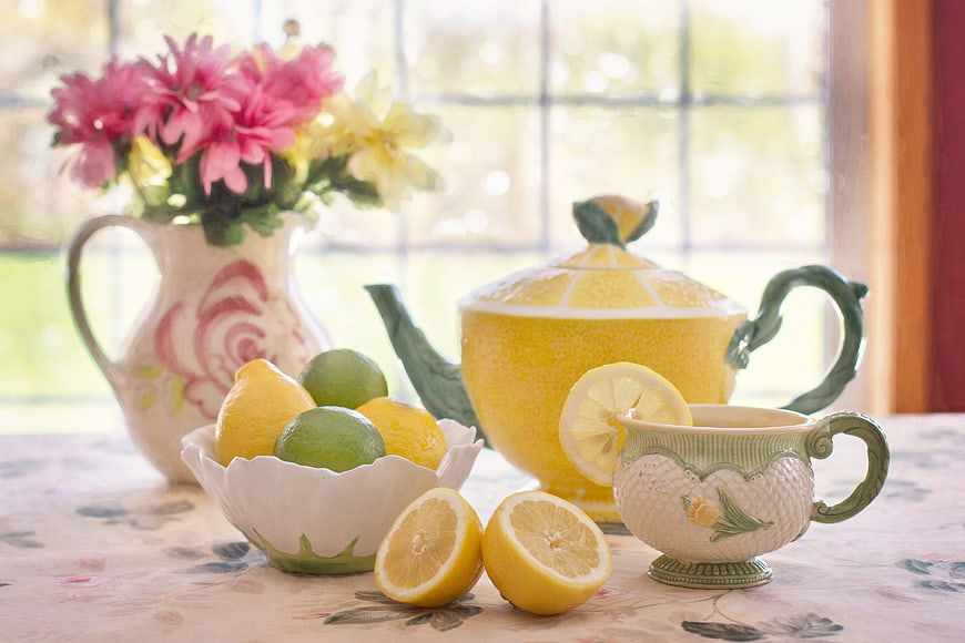 Vintage Lemon Tea Set with Fresh Fruit and Flowers