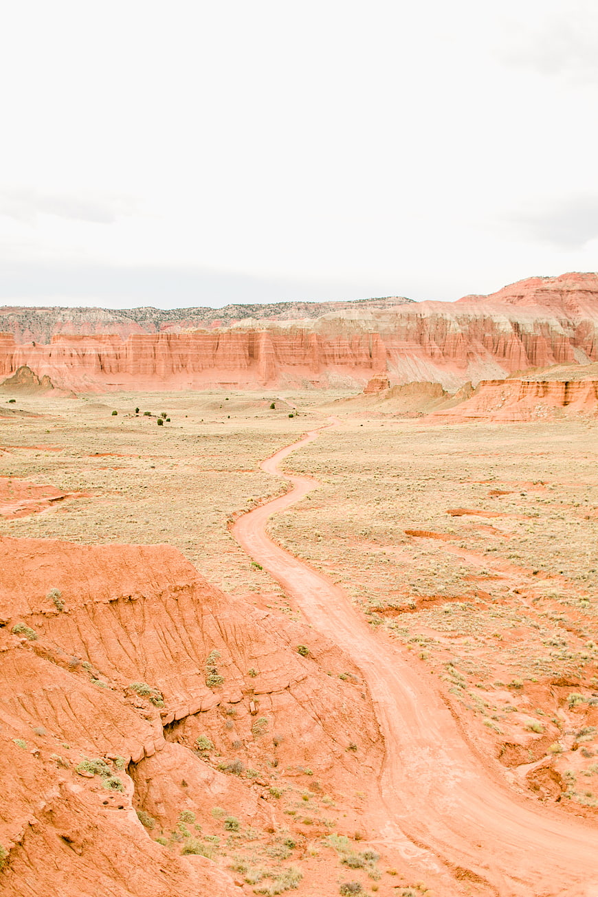Winding dirt road through red rock canyon landscape