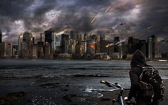 Hooded Cyclist Watching City Apocalypse with Meteors