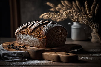 Rustic Wholemeal Bread on Wooden Board with Wheat