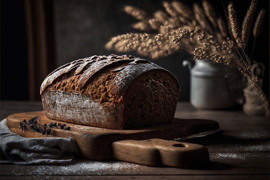 Rustic Wholemeal Bread on Wooden Board with Wheat