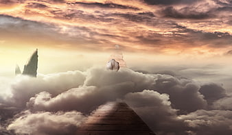 Surreal Fantasy Scene With Elephant On Wooden Bridge Above Clouds
