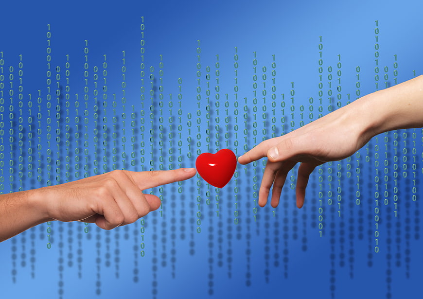 Digital Heart Connection with Binary Code Background