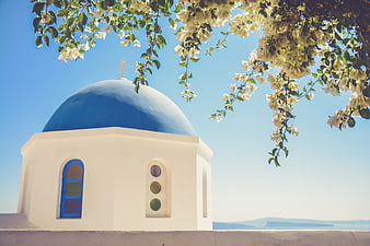 White church with blue dome and bougainvillea flowers