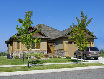 Suburban Single Family Home With Stone Facade And Landscaped Front Yard