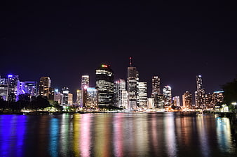 Night Skyline of Brisbane City Reflected in River Water