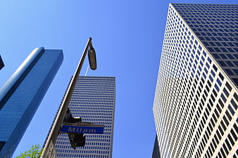 Milam Avenue Street Sign and Skyscrapers in Houston Business District