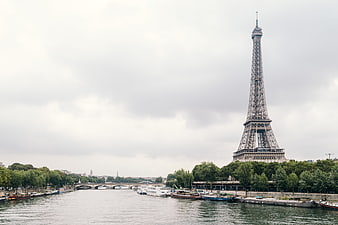 Eiffel Tower and Seine River in Paris on Overcast Day