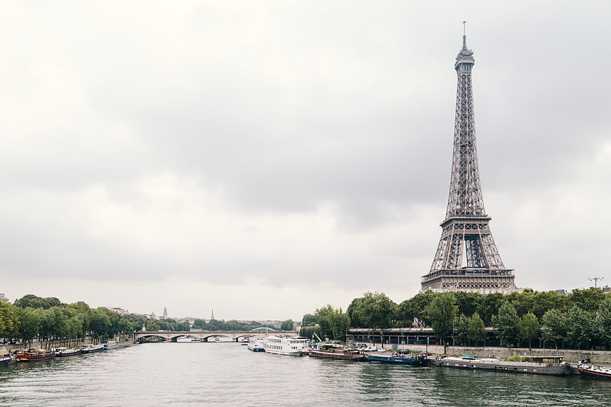 Eiffel Tower and Seine River in Paris on Overcast Day