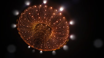 Abstract golden spiral structure with glowing lights on black background
