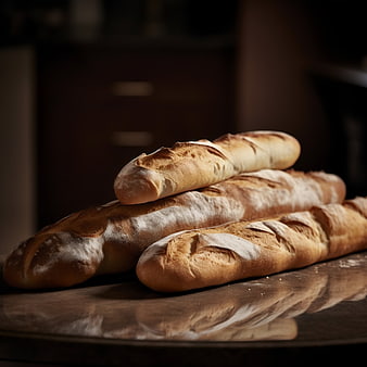 Freshly Baked French Baguettes on Wooden Table