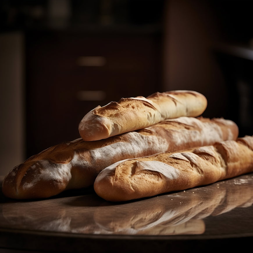 Freshly Baked French Baguettes on Wooden Table