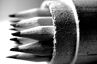 Close-up of sharpened pencils in black and white