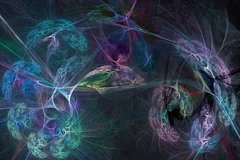 Abstract fractal art with neon blue, purple, and green lacy patterns