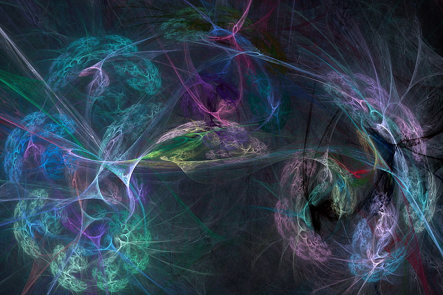 Abstract fractal art with neon blue, purple, and green lacy patterns