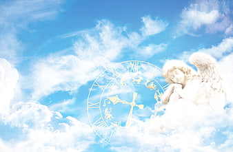 Sleeping angel statue with zodiac clock in blue sky clouds