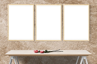 Three Wooden Picture Frame Mockup on Textured Wall