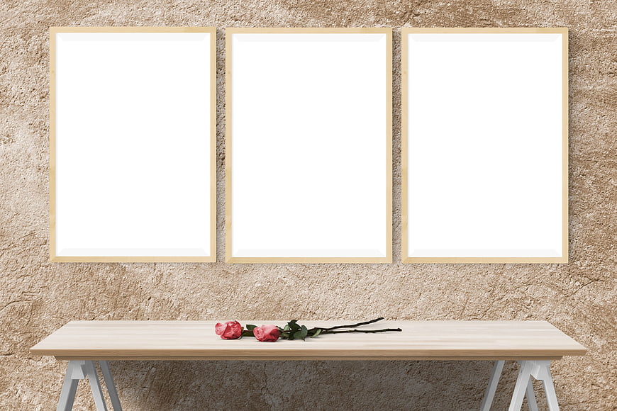Three Wooden Picture Frame Mockup on Textured Wall