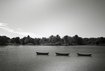 Three Rowboats Floating on a Calm Black and White Lake