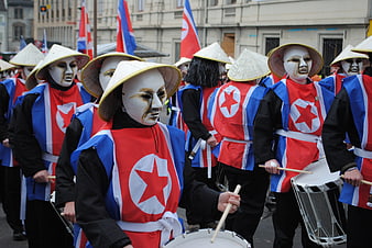 Basler Fasnacht Parade Participants Wearing North Korean Flag Costumes