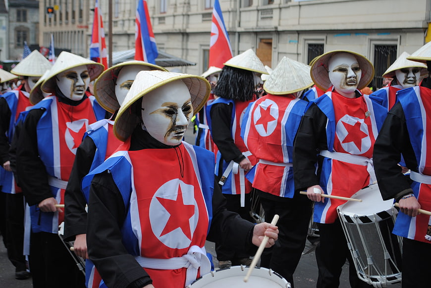 Basler Fasnacht Parade Participants Wearing North Korean Flag Costumes