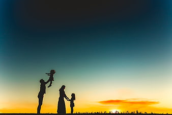 Silhouette of family playing at sunset in field