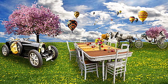 Surreal Spring Picnic With Vintage Car, Horse Carriage, And Hot Air Balloons